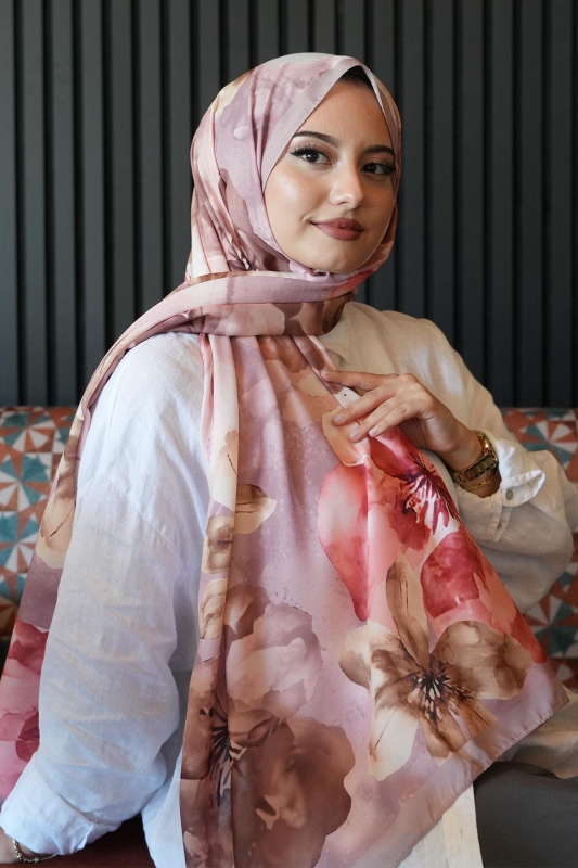 Manolya Çiçek Desen Pudra Soft Pamuk Şal - 3