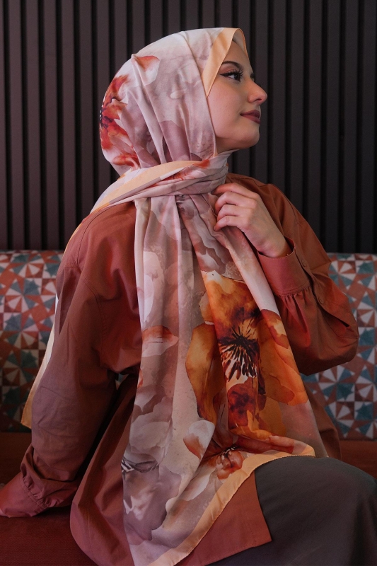 Manolya Çiçek Desen Yavruağzı Soft Pamuk Şal - 3