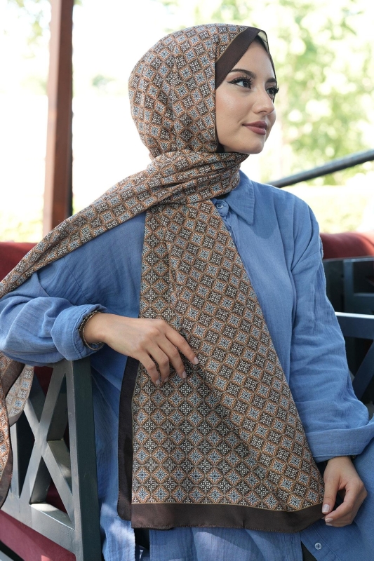 Mozaik Desen Çikolata Soft Pamuk Şal - 4
