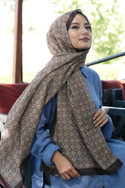 Mozaik Desen Çikolata Soft Pamuk Şal - 5
