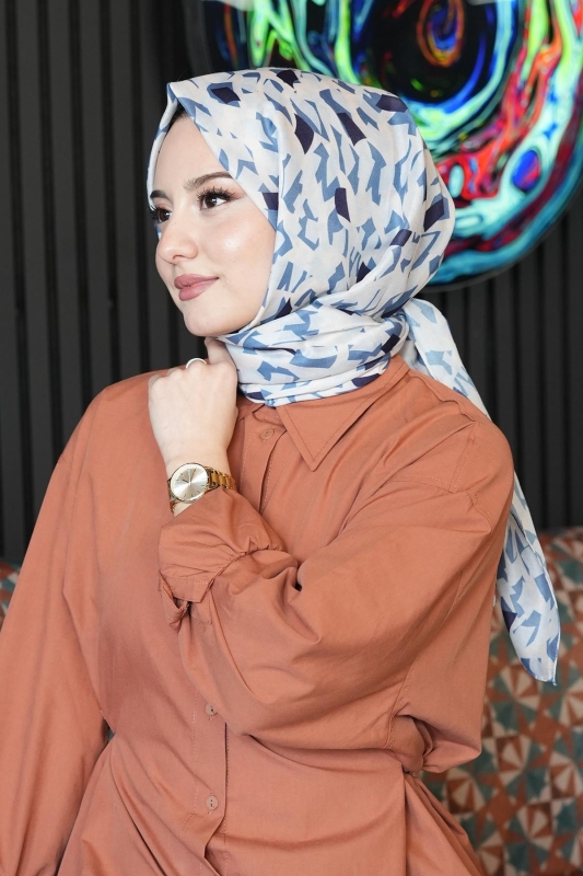 Mozaik Desen Lacivert Soft Pamuk Şal - 2