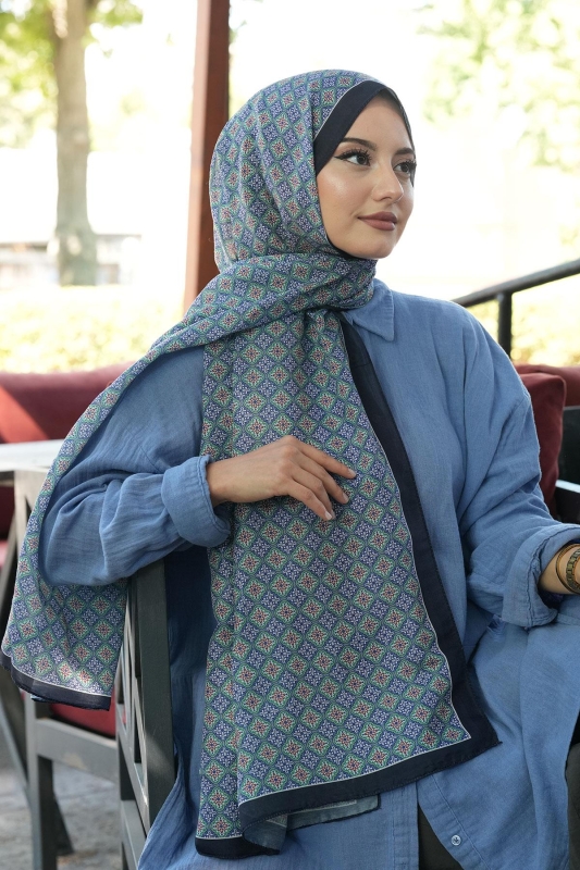 Mozaik Desen Lacivert Soft Pamuk Şal - Afvente