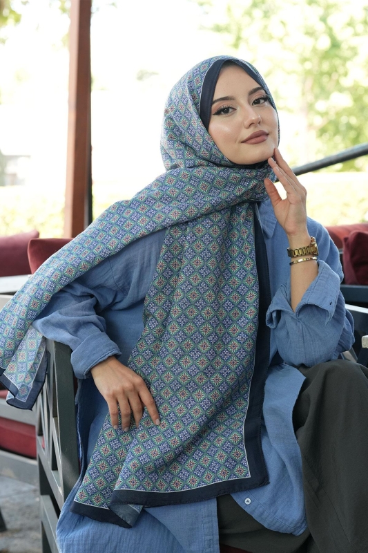 Mozaik Desen Lacivert Soft Pamuk Şal - 2