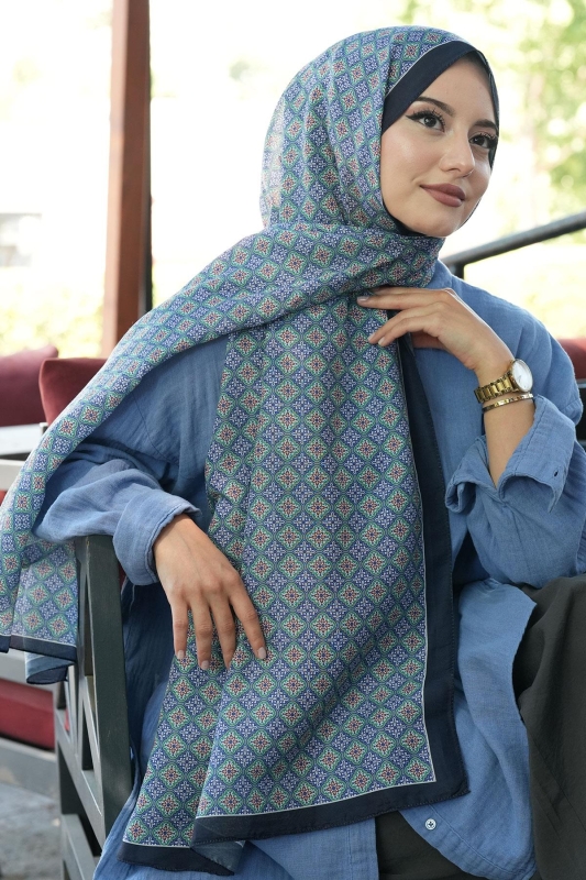 Mozaik Desen Lacivert Soft Pamuk Şal - 3