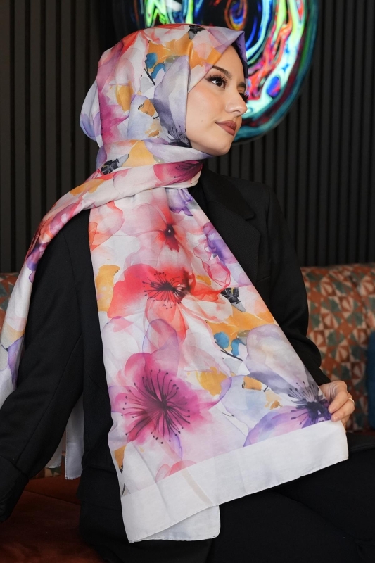 Orkide Desen Pudra Soft Pamuk Şal - 2