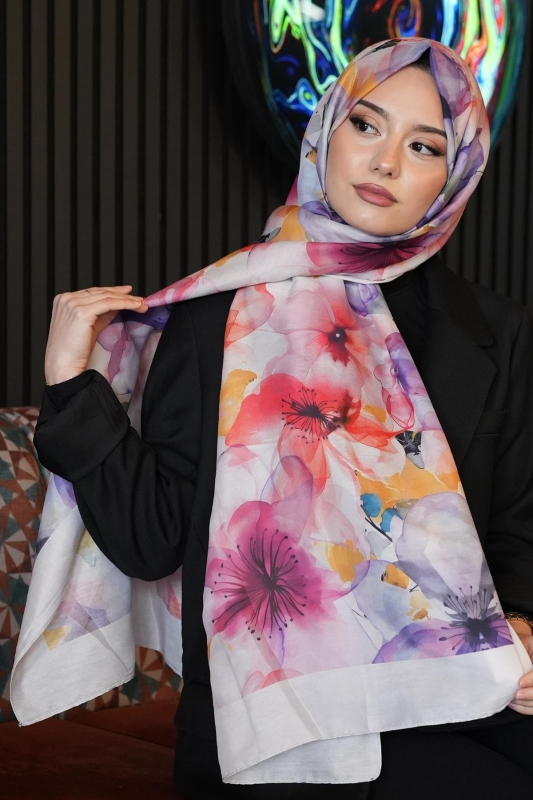 Orkide Desen Pudra Soft Pamuk Şal - 4