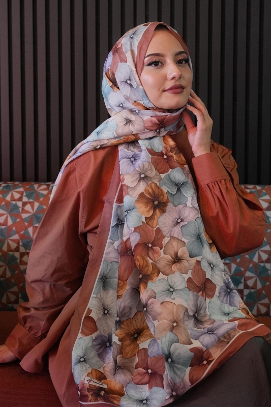 Ortanca Çiçek Desen Kiremit Soft Pamuk Şal - 2