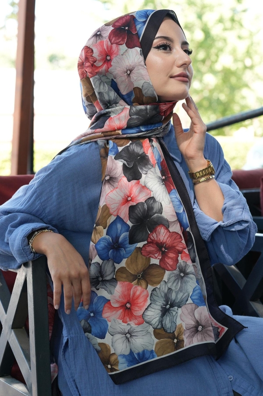 Ortanca Çiçek Desen Lacivert Soft Pamuk Şal - Afvente