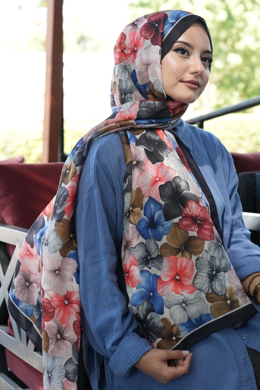 Ortanca Çiçek Desen Lacivert Soft Pamuk Şal - 2