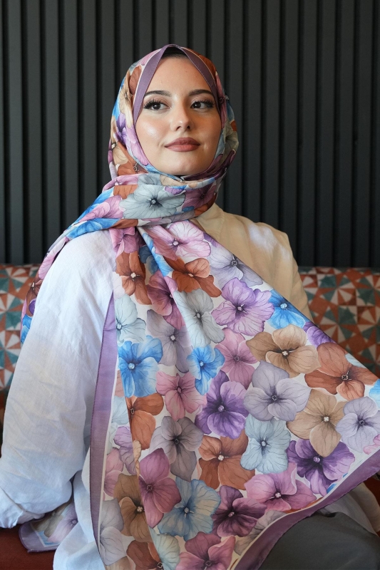 Ortanca Çiçek Desen Lavanta Soft Pamuk Şal - 2