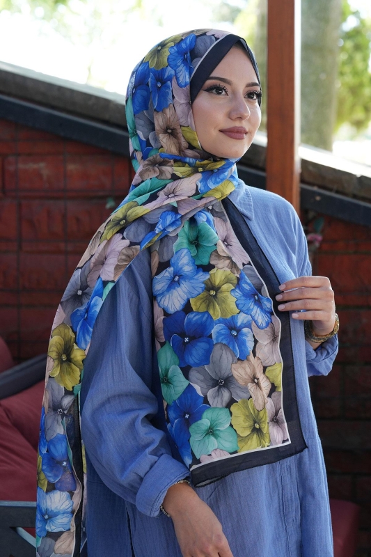 Ortanca Çiçek Desen Saks Soft Pamuk Şal - Afvente