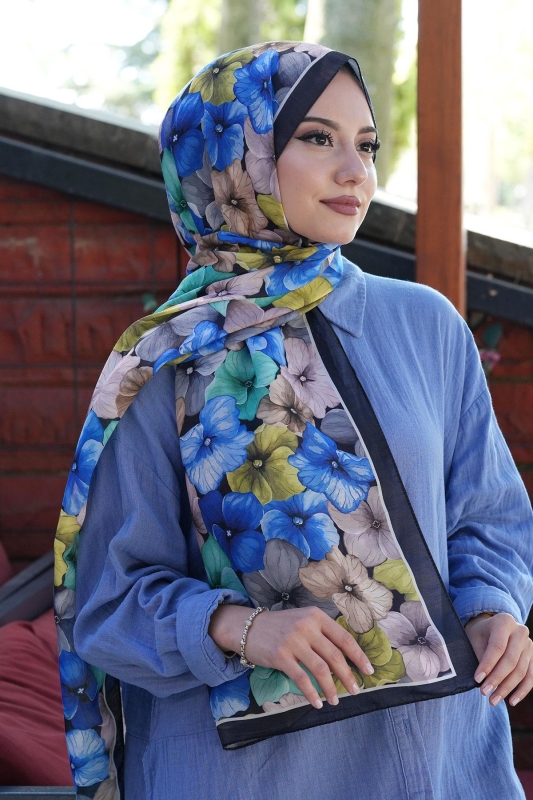 Ortanca Çiçek Desen Saks Soft Pamuk Şal - 2
