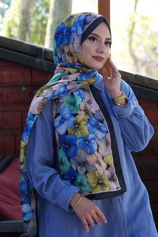 Ortanca Çiçek Desen Saks Soft Pamuk Şal - 3