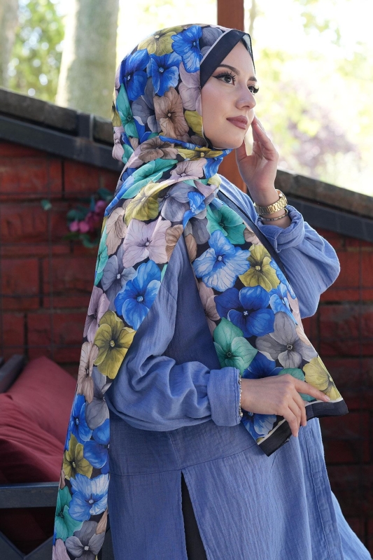Ortanca Çiçek Desen Saks Soft Pamuk Şal - 4