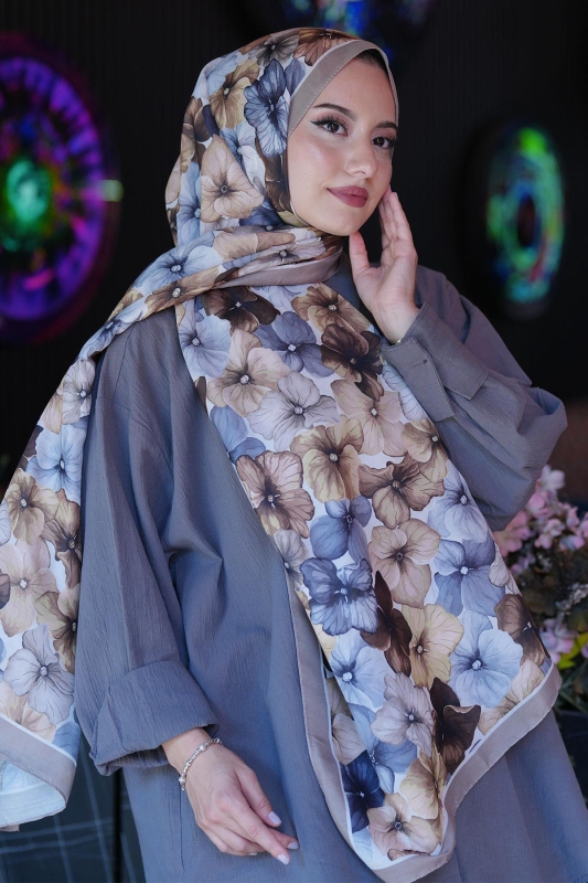 Ortanca Çiçek Desen Vizon Soft Pamuk Şal - 4