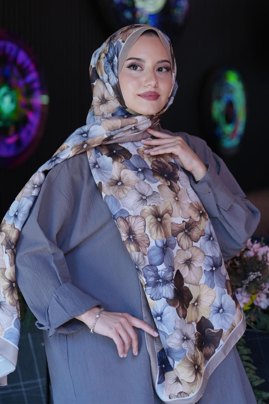 Ortanca Çiçek Desen Vizon Soft Pamuk Şal - 5