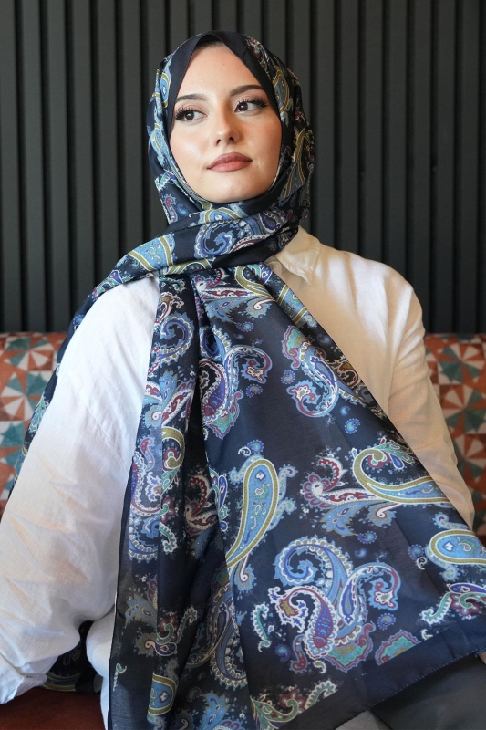 Paisley Desen Lacivert Soft Pamuk Şal - 2