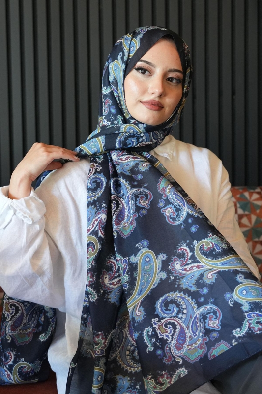 Paisley Desen Lacivert Soft Pamuk Şal - 3