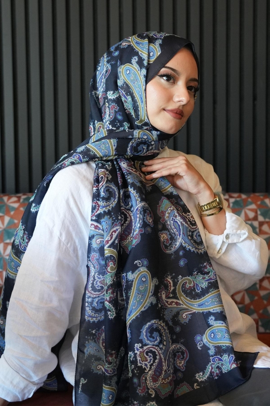 Paisley Desen Lacivert Soft Pamuk Şal - 4