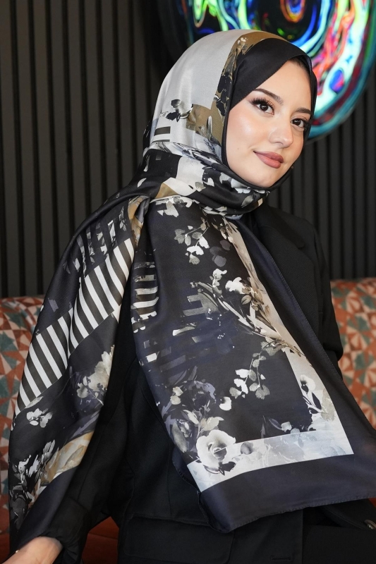 Retro Çiçek Desen Bej Soft Pamuk Şal - 2