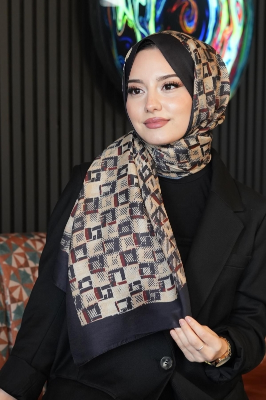 Retro Kare Desen Acı Kahve Soft Pamuk Şal - 3