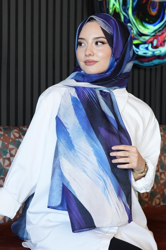 Soyut Fırça Desen Mor Soft Pamuk Şal - 3