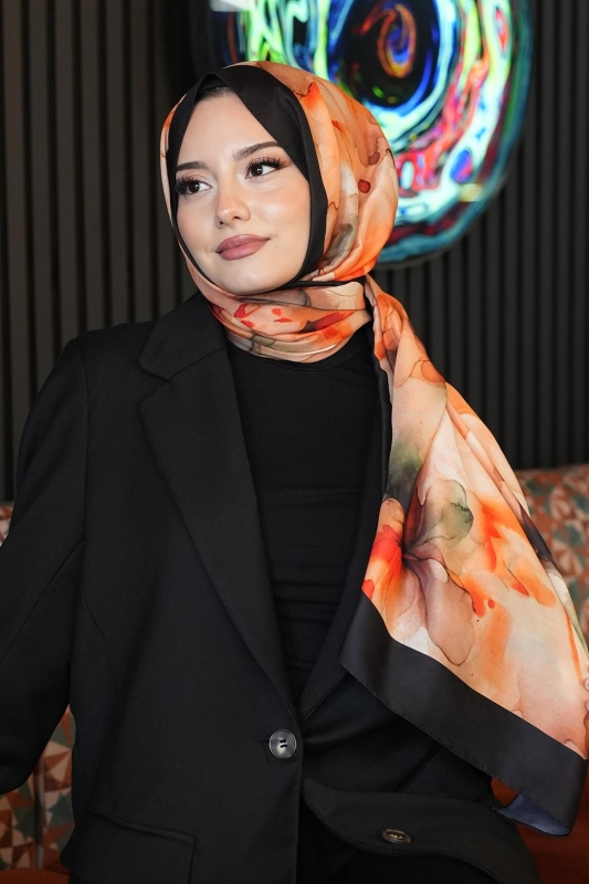 Sulu Boya Desen Turuncu Soft Pamuk Şal - AFVENTE