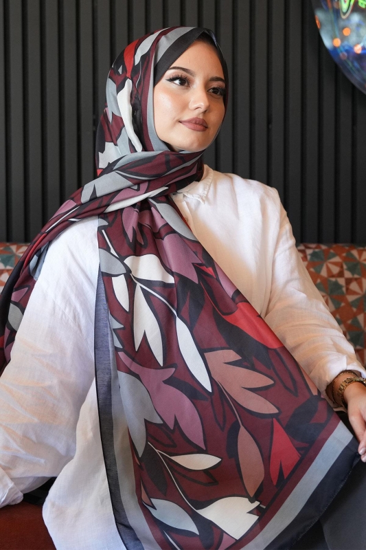 Yaprak Desen Bordo Soft Pamuk Şal - 3