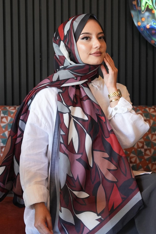 Yaprak Desen Bordo Soft Pamuk Şal - 4
