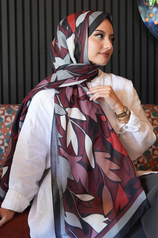Yaprak Desen Bordo Soft Pamuk Şal - Afvente