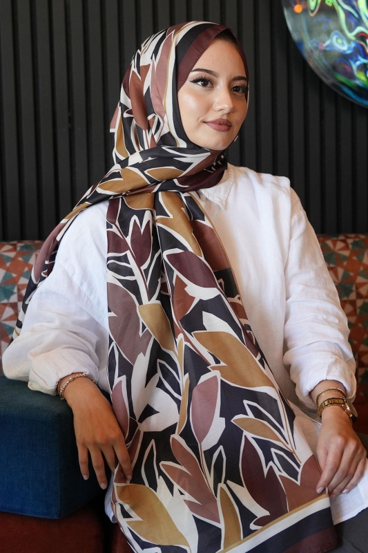 Yaprak Desen Kahverengi Soft Pamuk Şal - Afvente