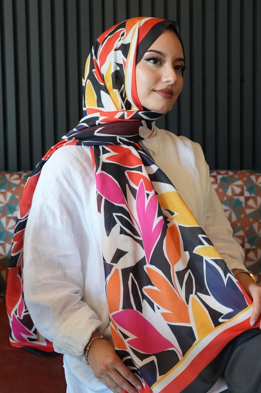 Yaprak Desen Kırmızı Soft Pamuk Şal - 3