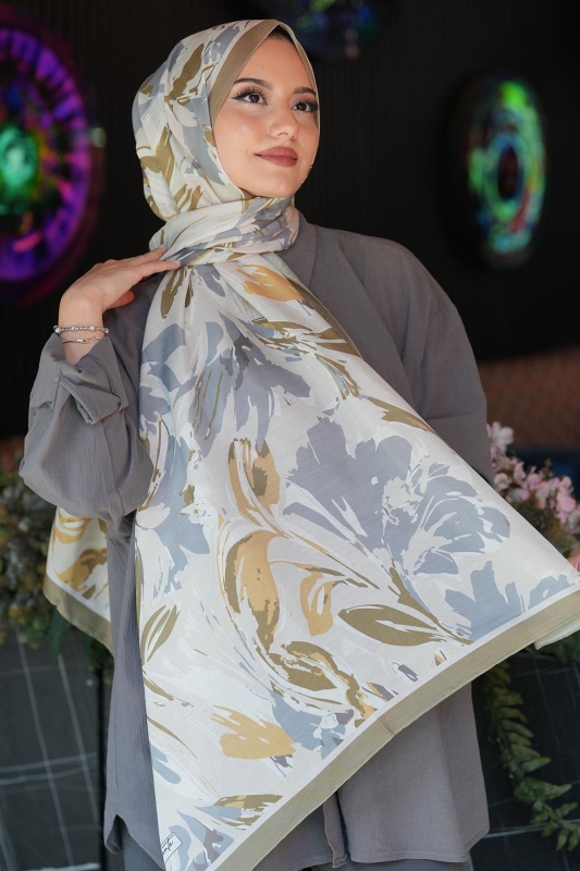 Zambak Çiçek Desen Gri Soft Pamuk Şal - Afvente