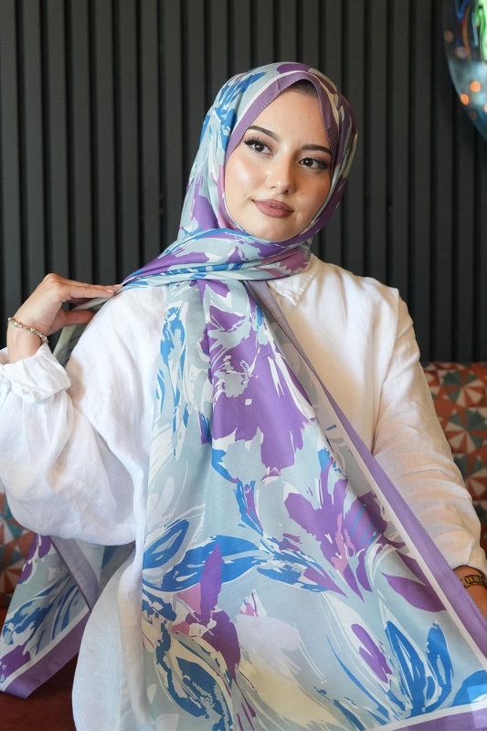 Zambak Çiçek Desen Lavanta Soft Pamuk Şal - Afvente
