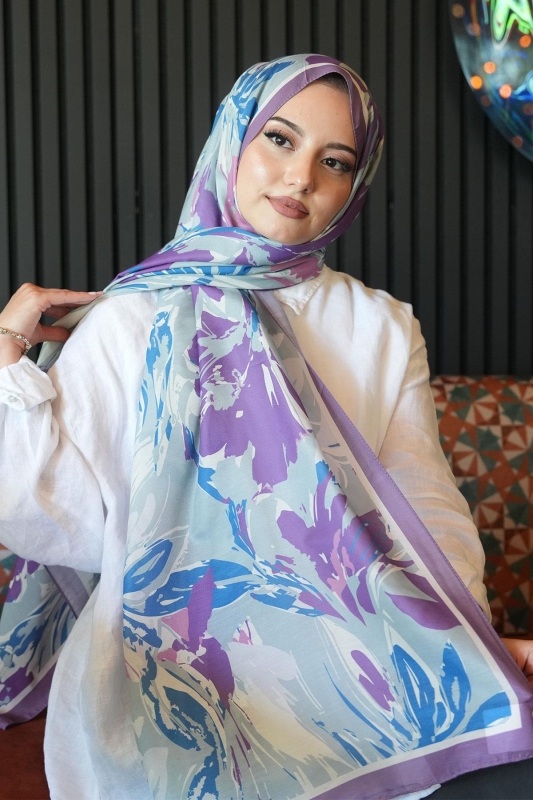 Zambak Çiçek Desen Lavanta Soft Pamuk Şal - 3