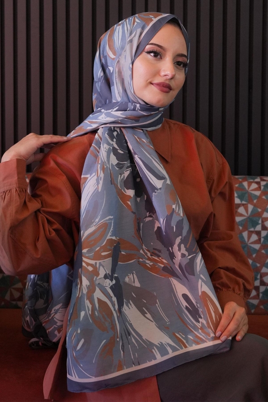 Zambak Çiçek Desen Mavi Soft Pamuk Şal - Afvente