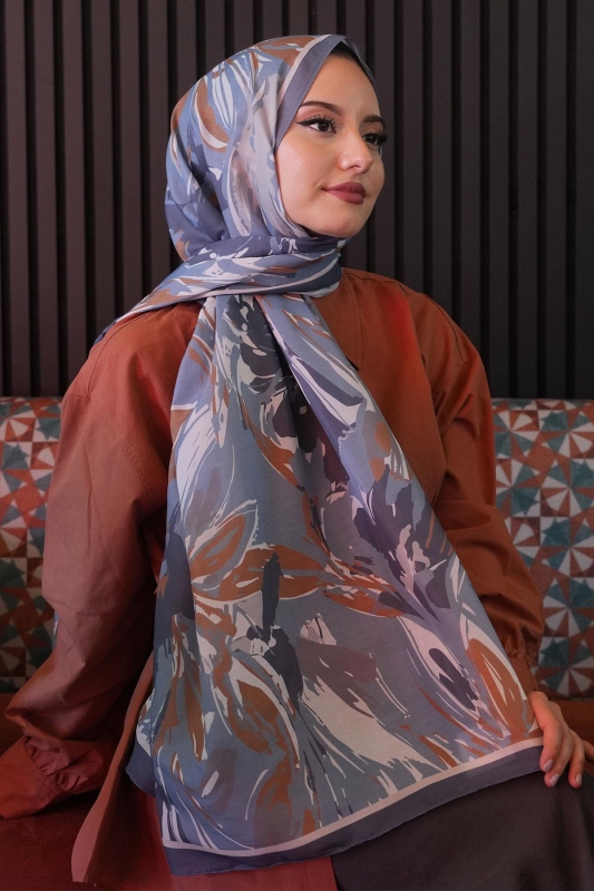 Zambak Çiçek Desen Mavi Soft Pamuk Şal - 2