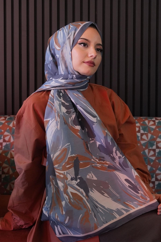 Zambak Çiçek Desen Mavi Soft Pamuk Şal - 3