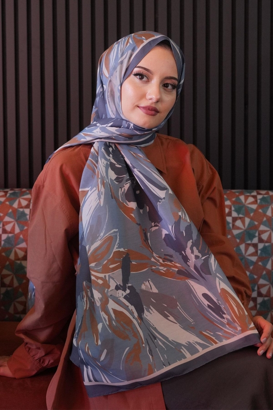 Zambak Çiçek Desen Mavi Soft Pamuk Şal - 4