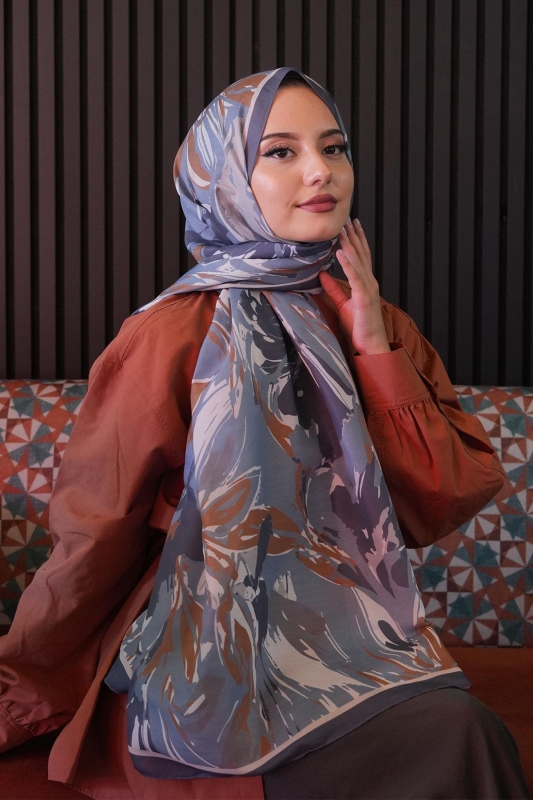 Zambak Çiçek Desen Mavi Soft Pamuk Şal - 5