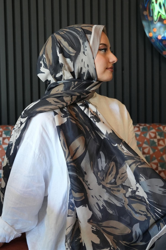Zambak Çiçek Desen Siyah Soft Pamuk Şal - 3