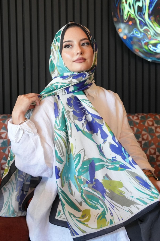 Zambak Çiçek Desen Yeşil Soft Pamuk Şal - Afvente