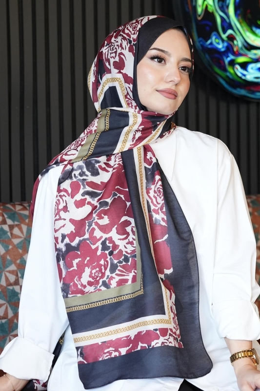 Zincir Gül Desen Fuşya Soft Pamuk Şal - 2