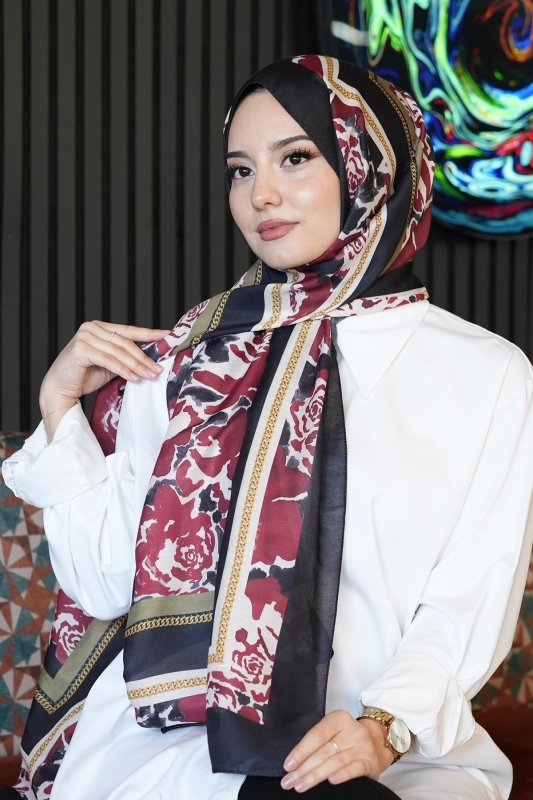 Zincir Gül Desen Fuşya Soft Pamuk Şal - 3