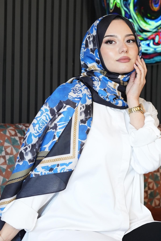 Zincir Gül Desen Saks Soft Pamuk Şal - 2