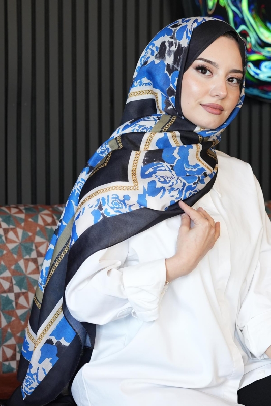 Zincir Gül Desen Saks Soft Pamuk Şal - 3